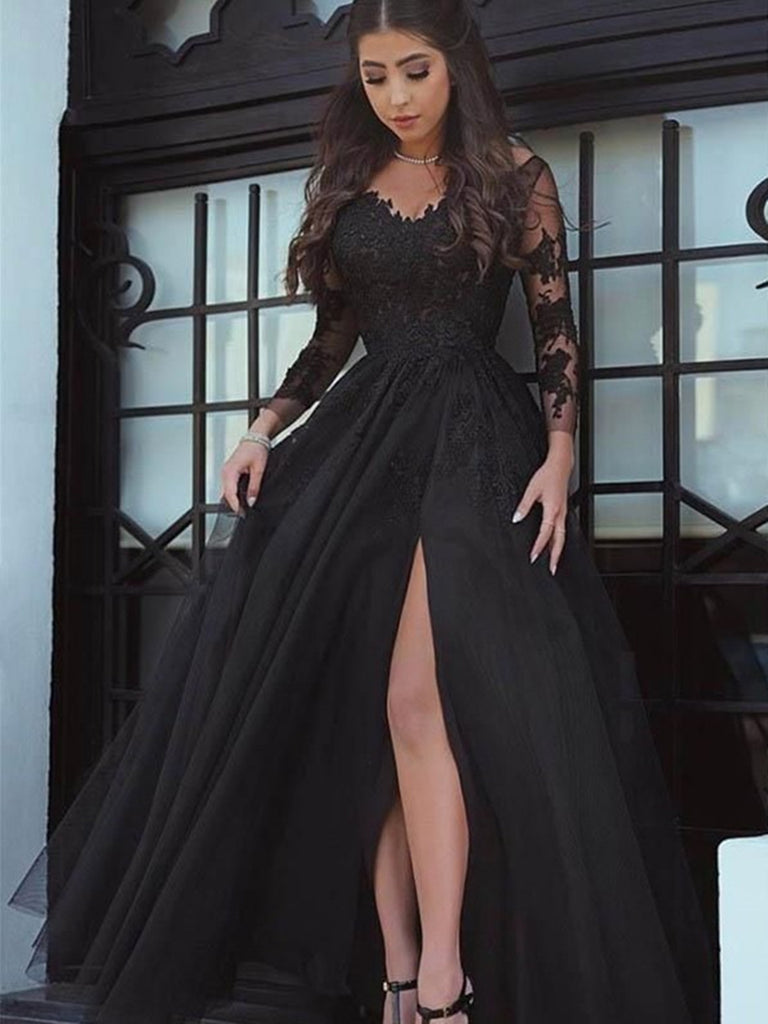 Lace Black Long-Sleeve Evening Dress With Leg Slit, Lace Black Prom Dress