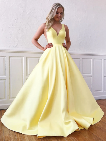 A Line V Neck Yellow Satin Long Prom Dresses, V Neck Yellow Satin Long Formal Evening Graduation Dresses