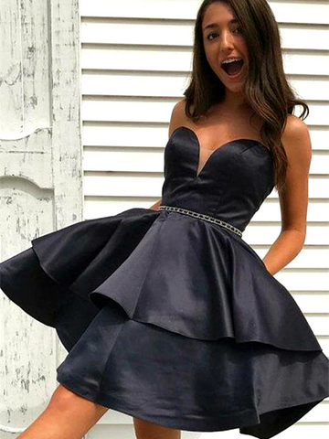 Sweetheart Neck Short Black Prom Dresses, Little Black Formal Evening Graduation Homecoming Dresses