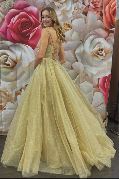 Shiny Spaghetti Straps Rose Golden Backless Tulle Long Prom Dresses, Champagne Tulle Long Formal Evening Dresses