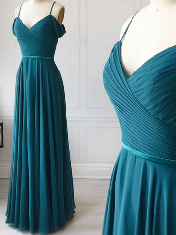 V Neck Off Shoulder Blue Long Prom Dress , Off The Shoulder Blue Bridesmaid Formal Evening Dresses