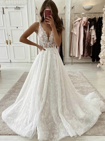 V Neck White Tulle Lace Long Wedding Dresses, Tulle Long White Lace Prom Dresses, V Neck White Lace Formal Evening Dresses