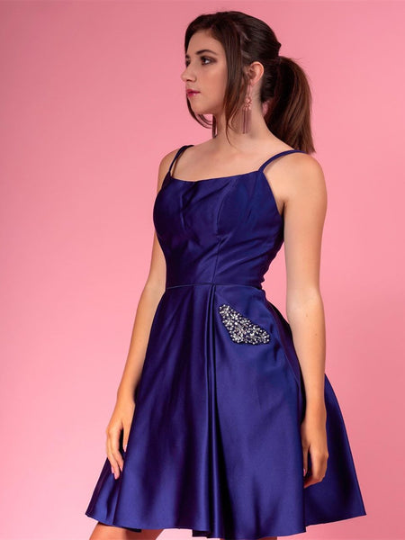  Dark Navy Blue Short Prom Dresses With Pocket Beading, Dark Navy Blue Short Formal Graduation Homecoming Dresses