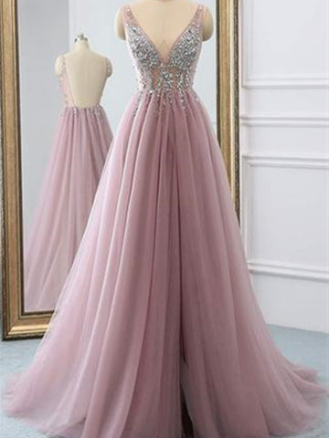 V neck pink backless beaded tulle long prom dress with high leg slit, pink backless beaded tulle evening dress