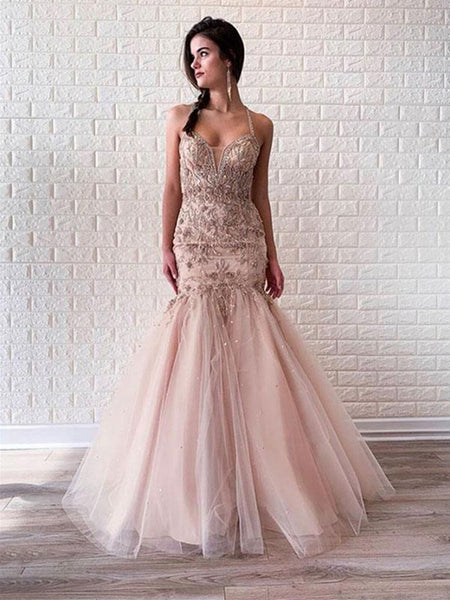 V Neck Mermaid Tulle Beaded Long Prom Dress, Mermaid Tulle Beaded Formal Evening Dress