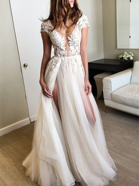 Custom Made Deep V Neck Cap Sleeves White Lace Long Prom Dresses, Open Back Lace Front Slit Wedding Party Dresses