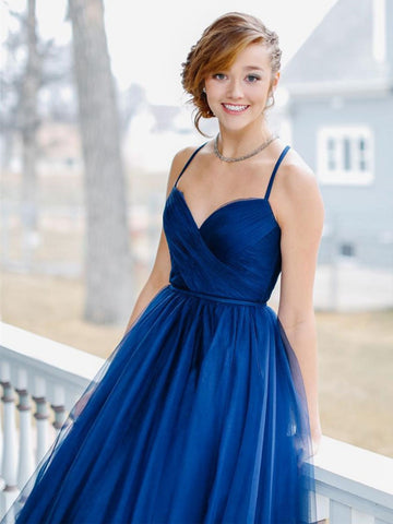 Blue sweetheart tulle long prom dress, blue formal evening dress