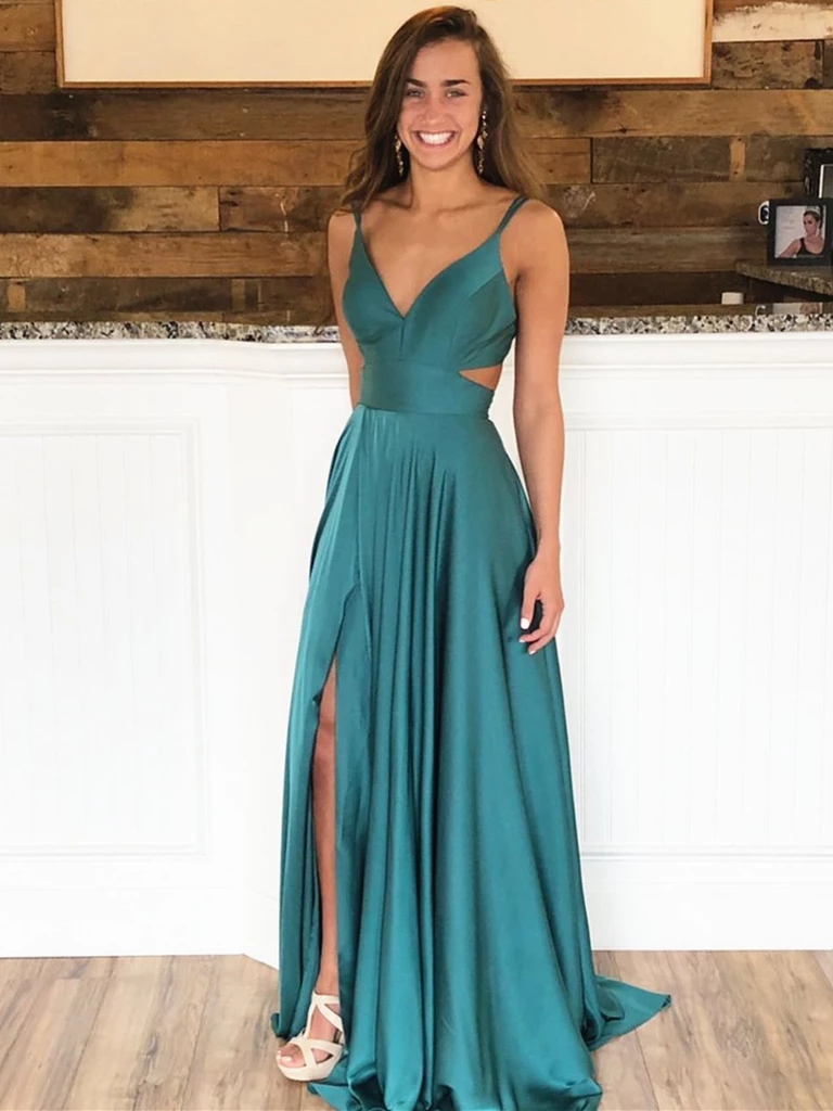 V Neck Green Prom Dresses, V Neck Green Formal Evening Bridesmaid Dresses