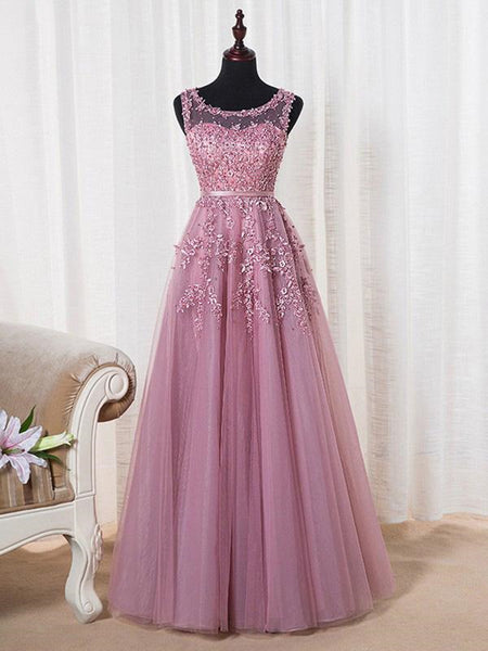 Pink round neck applique beaded tulle long prom dresses, Pink applique beaded tulle evening dresses