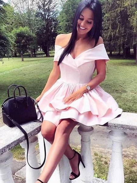 Off the Shoulder Short Pink Prom Dresses, Short Off Shoulder Pink Formal Graduation Dresses