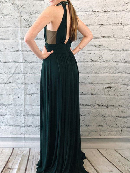 Chic Halter Dark Green Open Back Chiffon Long Prom Dress With Beading Split Keyhole, Dark Green Formal Evening Dress