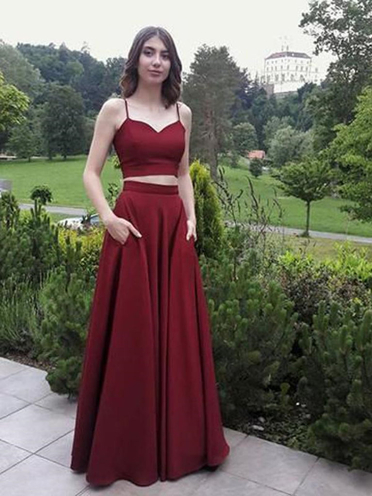 A line Two Pieces Spaghetti Straps Prom Dresses with Pockets, Burgundy 2 Pieces Formal Evening Dresses