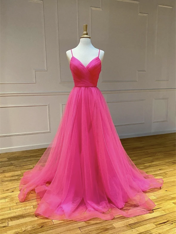 V Neck Hot Pink Tulle Long Prom Dresses,  Backless Hot Pink Tulle Formal Evening Graduation Dresses