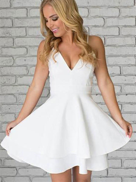 Sexy Spaghetti Straps V Neck White Lace Short Homecoming Graduation Dress