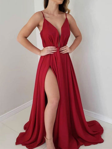 Simple V Neck Burgundy Chiffon Long Prom Dress With Leg Slit. Burgundy Formal Evening Dress