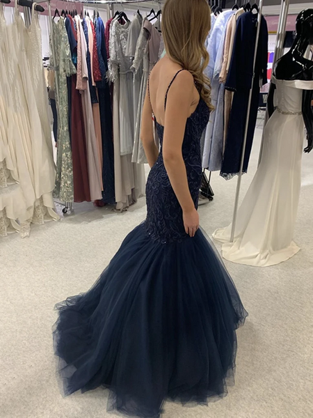 V Neck Navy Blue Mermaid Lace Prom Dresses, Lace Mermaid Long Dark Navy Blue Formal Evening Dresses