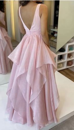 A Line V Neck Pink Long Prom Dresses, V Neck Pink Long Formal Evening Dresses