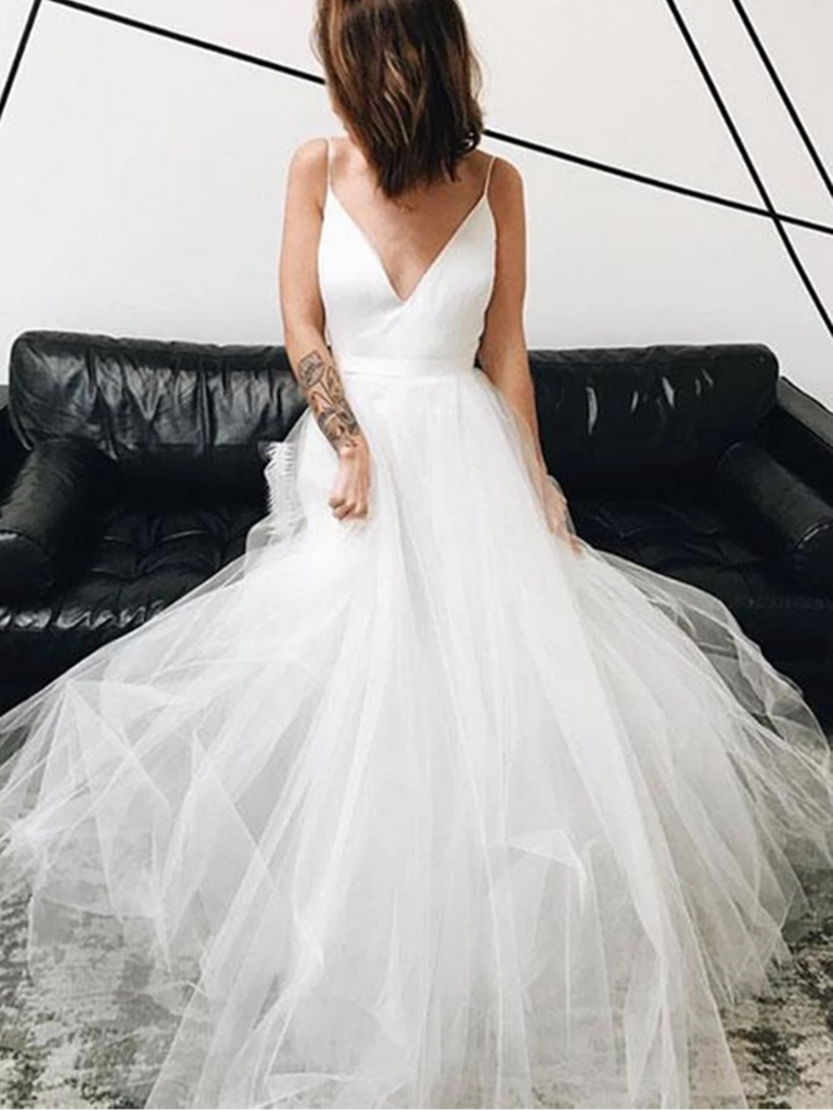 A Line V Neck White Tulle Long Prom Dresses, V Neck White Wedding Dresses, White Formal Dresses, Evening Dresses