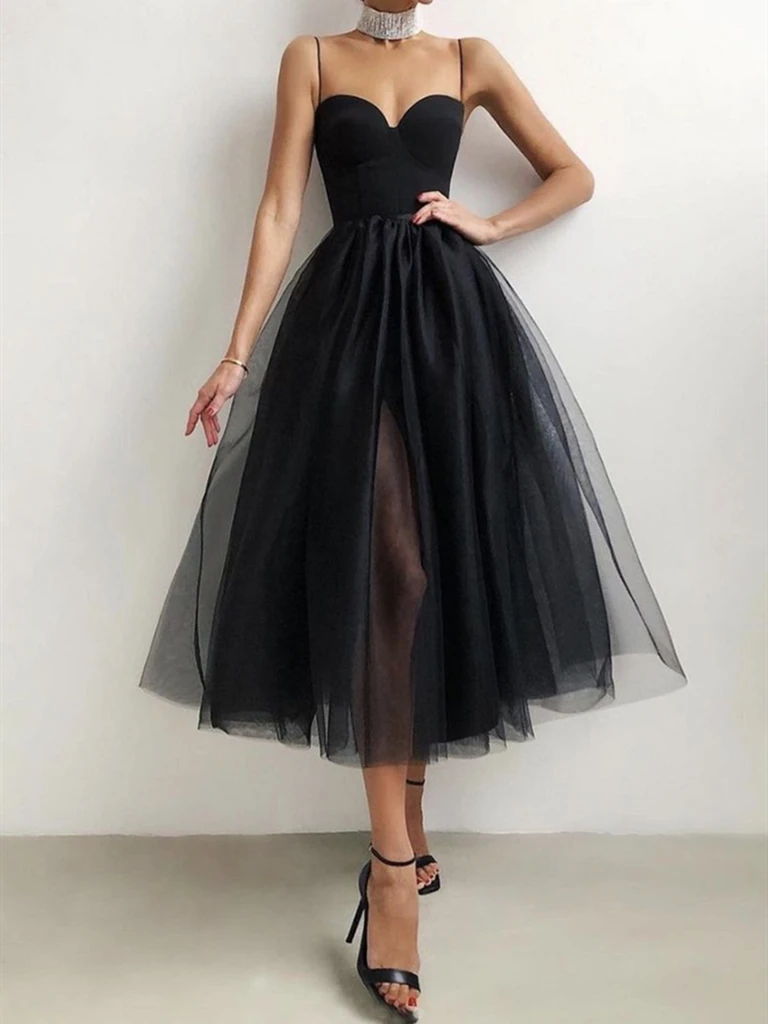 Sweetheart Neck Short Black Tulle Prom Dresses, Little Black Formal Evening Graduation Dresses