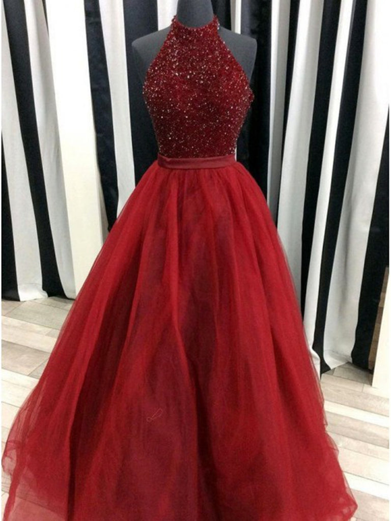 Burgundy beaded  tulle long prom dress, Burgundy beaded formal evening dress