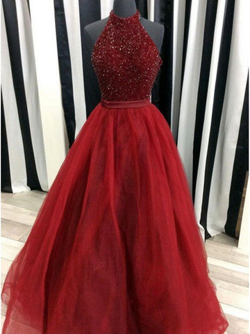 Burgundy beaded  tulle long prom dress, Burgundy beaded formal evening dress