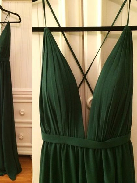 V Neck Green Backless Long Prom Dresses, V Neck Green Backless Long Formal Evening Dresses