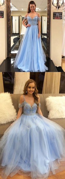 V Neck Blue Off Shoulder Tulle Long Prom Dress, Blue Off The Shoulder  Formal Evening Dress