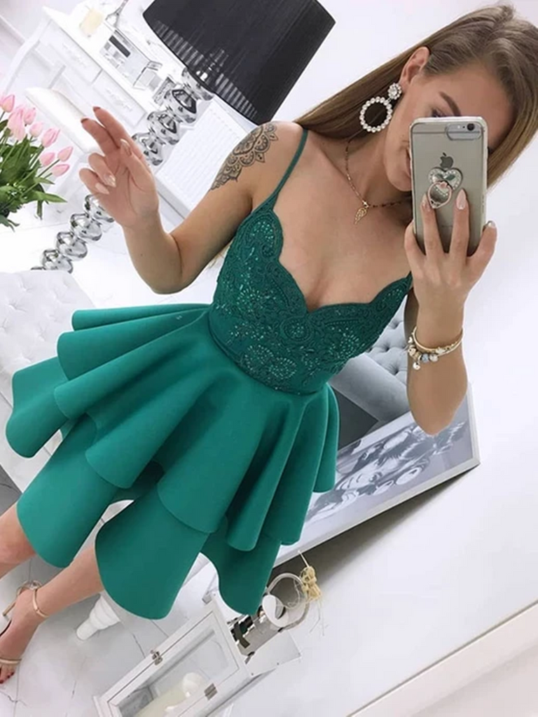 A Line V Neck Green Lace Short Satin Prom Dresses,  V Neck Green Lace Short Satin Formal Evening Homecoming Dresses