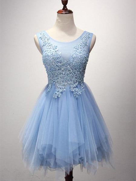 Cute blue lace tulle short homecoming dresses