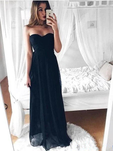 Custom Made A Line Sweetheart Neck Long Black Chiffon Prom Dresses, Black Bridesmaid Dress, Formal Dresses