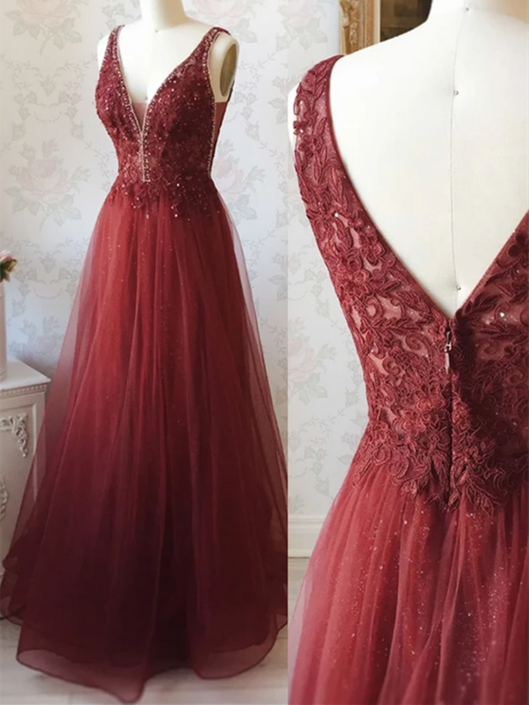 A Line V Neck Burgundy Tulle Lace Long Prom Dresses, V Neck Burgundy Tulle Lace Long Formal Evening Dresses