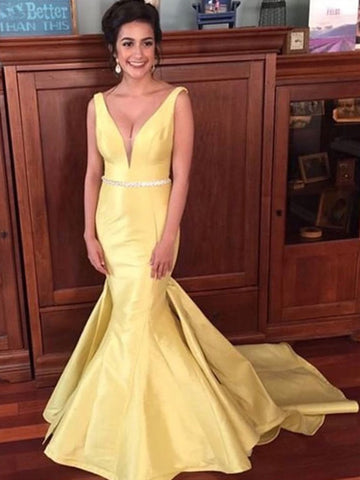 V Neck Yellow Satin Mermaid Prom Dress With Sweep Train, V Neck Yellow Mermaid Formal Evening Dress