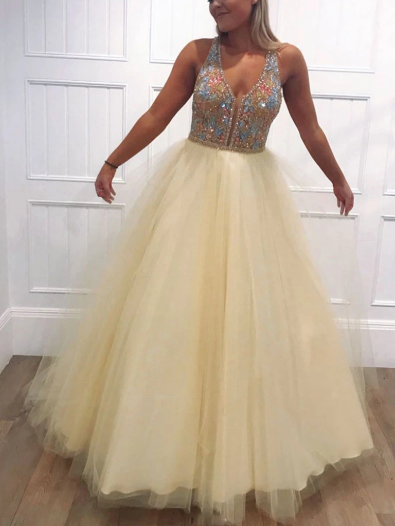 V Neck Yellow Tulle Beads Long Prom Dresses, V Neck Yellow Tulle Beads Long Formal Evening Dresses