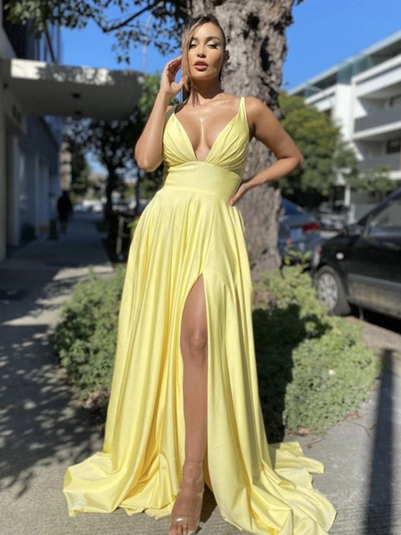 Sexy Deep V Neck Backless Yellow Long Prom Dresses with Leg Slit, Open Back Yellow Formal Dresses, Yellow Graduation Evening Dresses