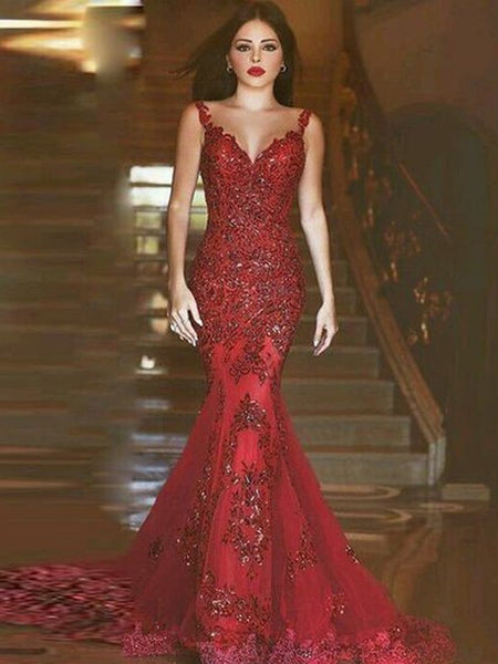  Mermaid V-neck Sweep/Brush Train Applique Tulle Prom Dresses, Burgundy  Mermaid V-neck Evening Dresses