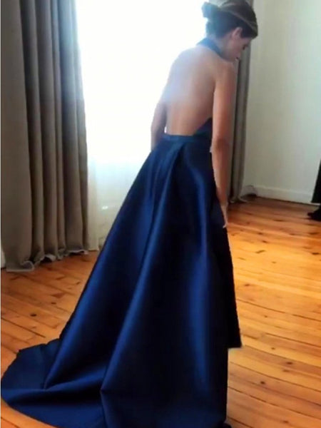 A Line Halter V Neck Backless Royal Blue Prom Dresses with High Slit, Royal Blue Backless Formal Evening Dresses