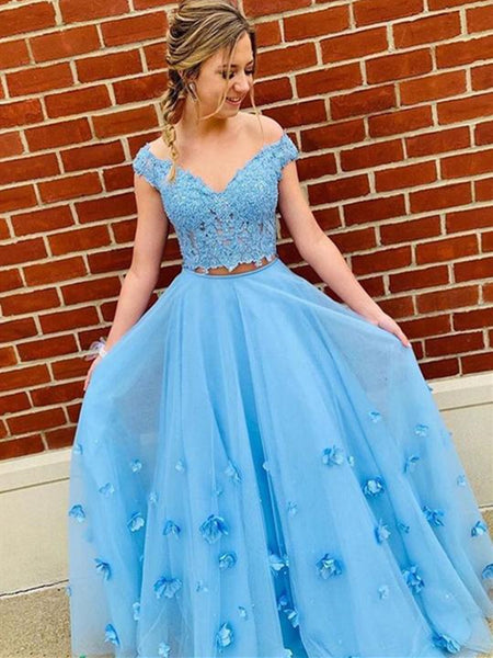 Blue Tulle Lace Off Shoulder Long Prom Dress, Blue Tulle Lace Off The Shoulder Long Formal Evening Dress