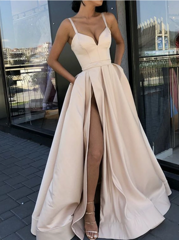 Custom Made A Line Champagne/ Burgundy Spaghetti Straps Prom Dress with High Slit, Ball Dresses, Formal Graduation Dresses