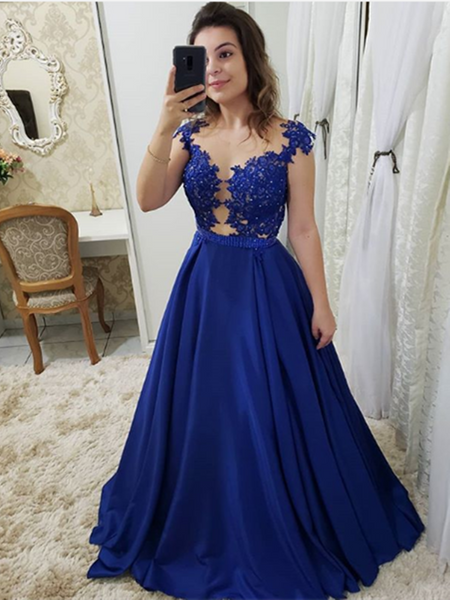 Pink/Royal Blue Lace A-Line/Princess Sleeveless Scoop Long Satin Long Dress, Pink/Royal Blue Lace Formal Evening Dress