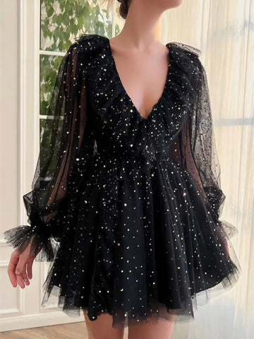 Black V Neck Tulle Short Prom Dress, Cute Long Sleeve Homecoming Party Dress