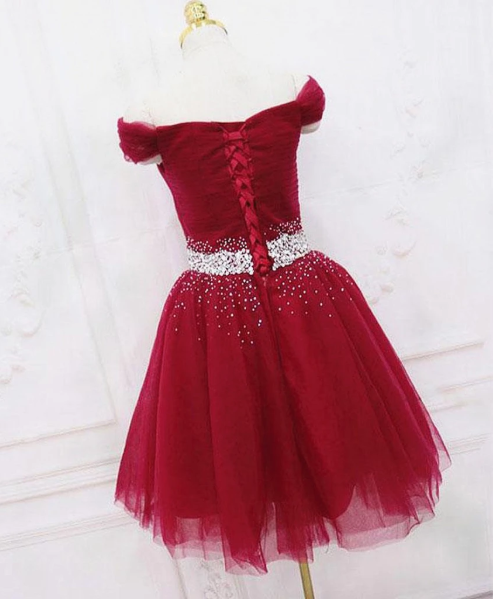 Off Shoulder Burgundy Short Prom Dresses,  Burgundy Off the Shoulder Short Formal Homecoming Dresses