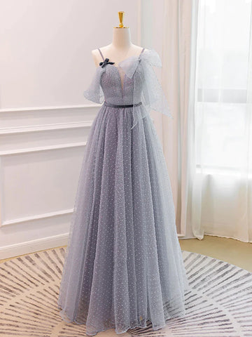 V Neck Open Back Gray Tulle Long Prom Dresses, Long Gray Formal Graduation Evening Dresses