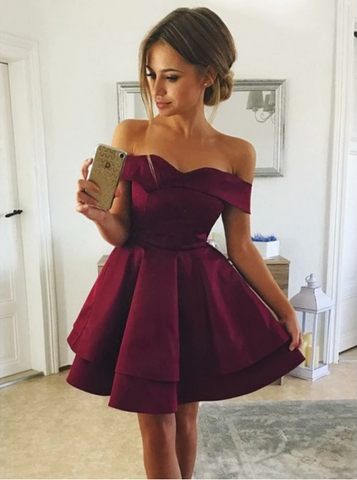 Off The Shoulder Layered Burgundy Short Prom Dresses, Off Shoulder Layered Burgundy Homecoming Graduation Dresses