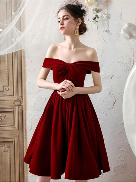 Off Shoulder Burgundy Short Prom Dresses, Off The Shoulder Burgundy Formal Graduation Homecoming Evening Dresses