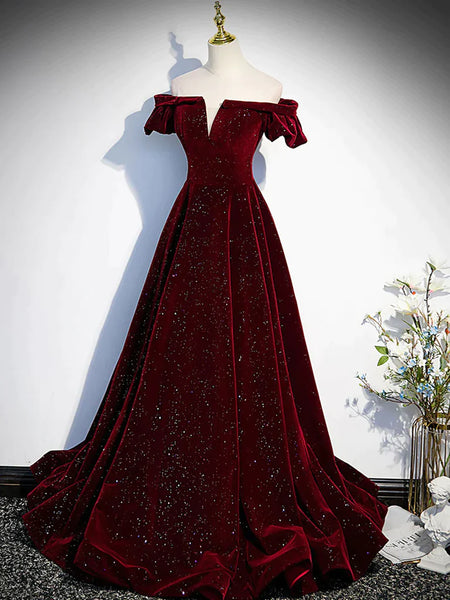 Shiny Off the Shoulder Burgundy Long Prom Dresses, Wine Red Long Formal Evening Dresses