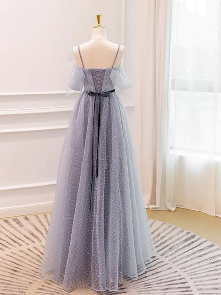 V Neck Open Back Gray Tulle Long Prom Dresses, Long Gray Formal Graduation Evening Dresses