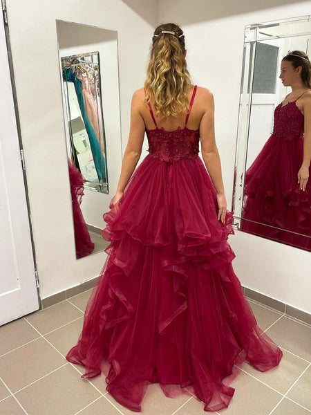 Burgundy Lace Spaghetti Strap Tulle Long Prom Dress , Burgundy A-Line Formal Evening Party Dress