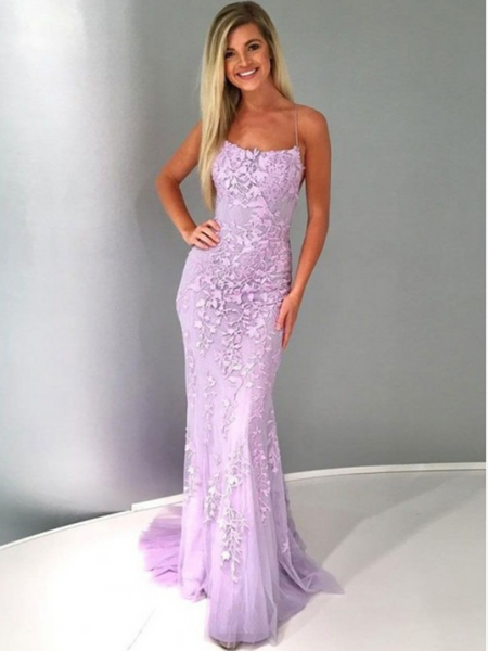 Unique Backless Mermaid Lavender Spaghetti Straps Lace Prom Dress with Appliques, Mermaid Purple Lace Formal Evening Dress