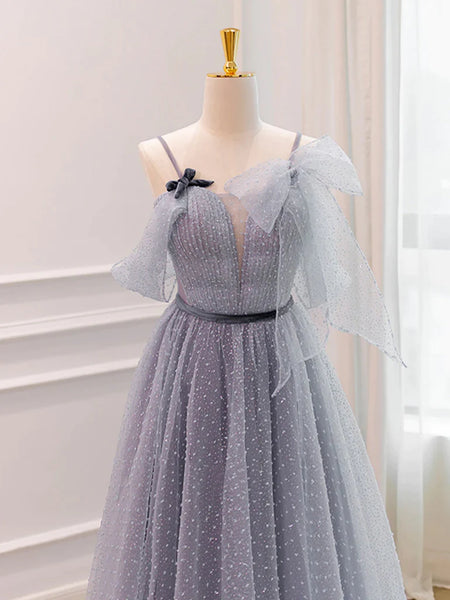 V Neck Open Back Gray Tulle Long Prom Dresses, Long Gray Formal Graduation Evening Dresses