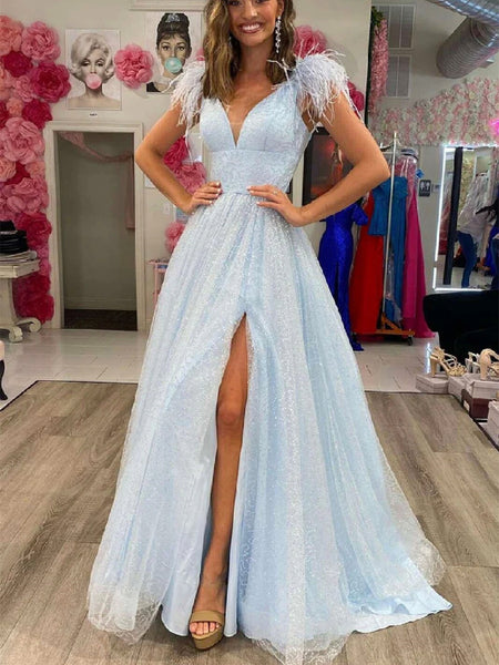 A Line V Neck Light Blue/White Long Prom Dress with High Slit, Light Blue/White Formal Graduation Evening Dress